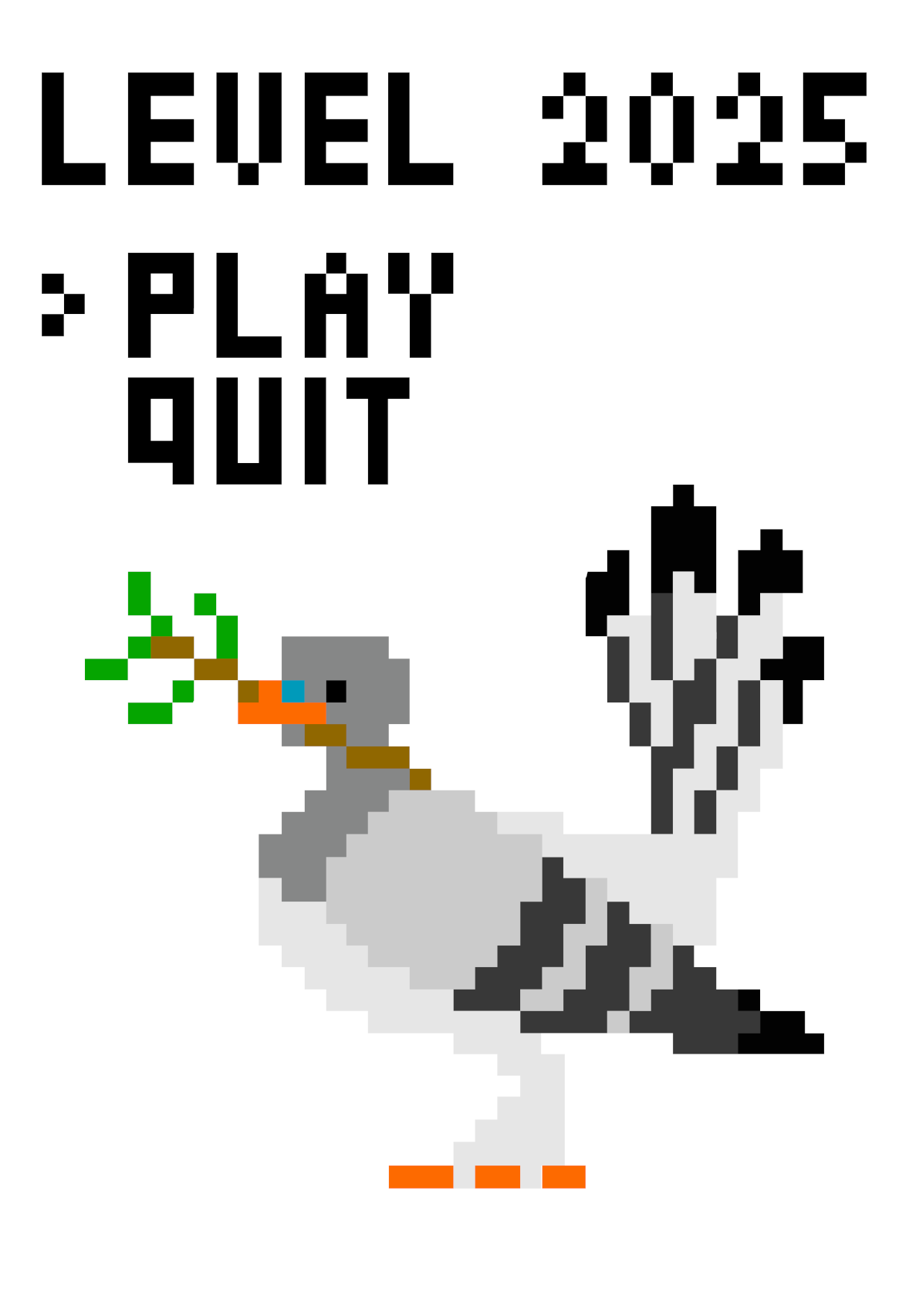 An image in pixel art style with the words Level 2025 at the top, and the options Play and Quit directly below it, with an arrow pointing at the Play option. Below it, a pixel art image of a street pigeon holding an olive branch.