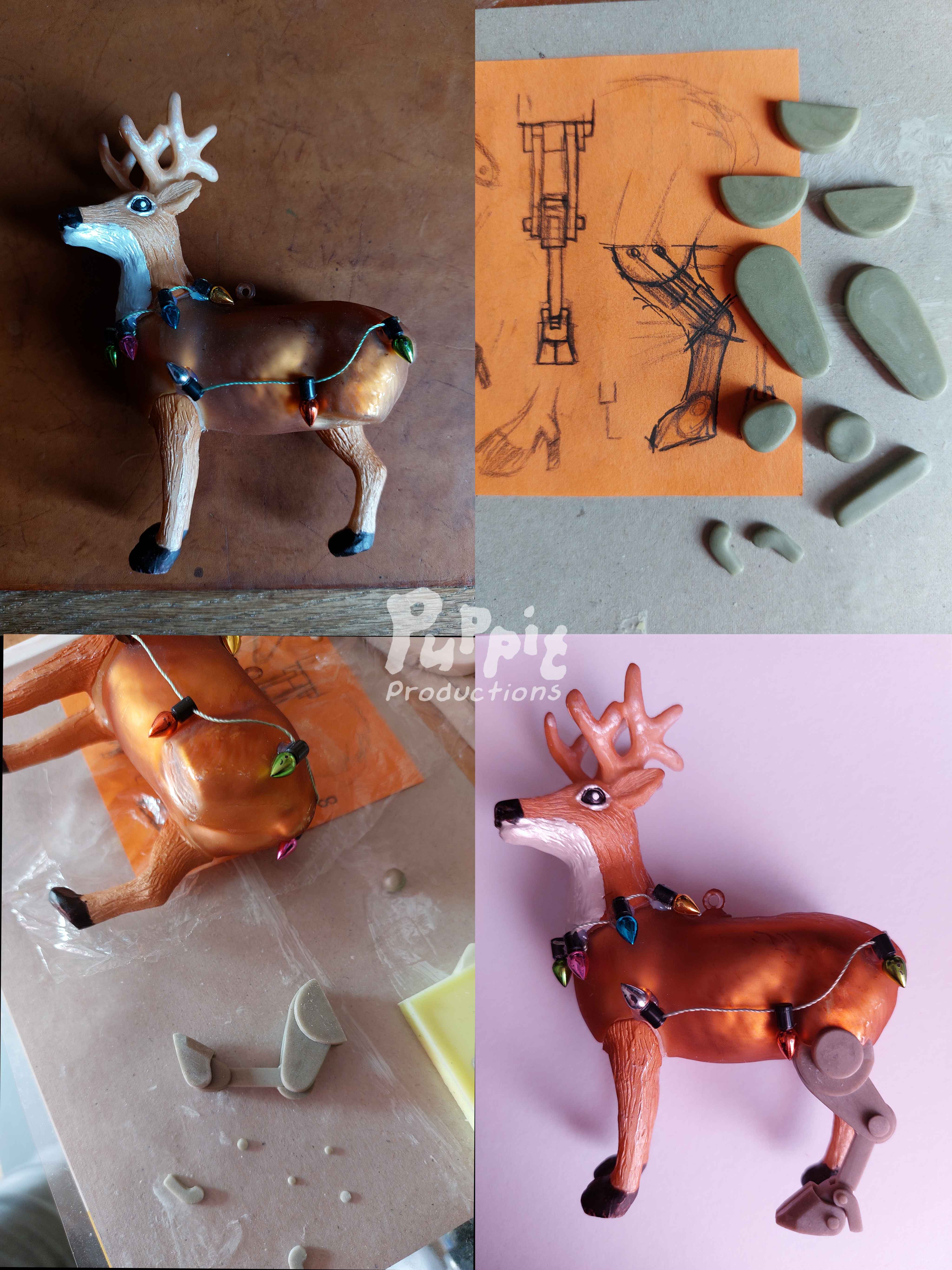 A 4 picture compilation showing a 3-legged reindeer christmas ornament, a design sketch of a leg and some gray epoxy clay shapes, those shapes arranged to form a mechanical reindeer leg, and a picture where the leg is attached to the reindeer.